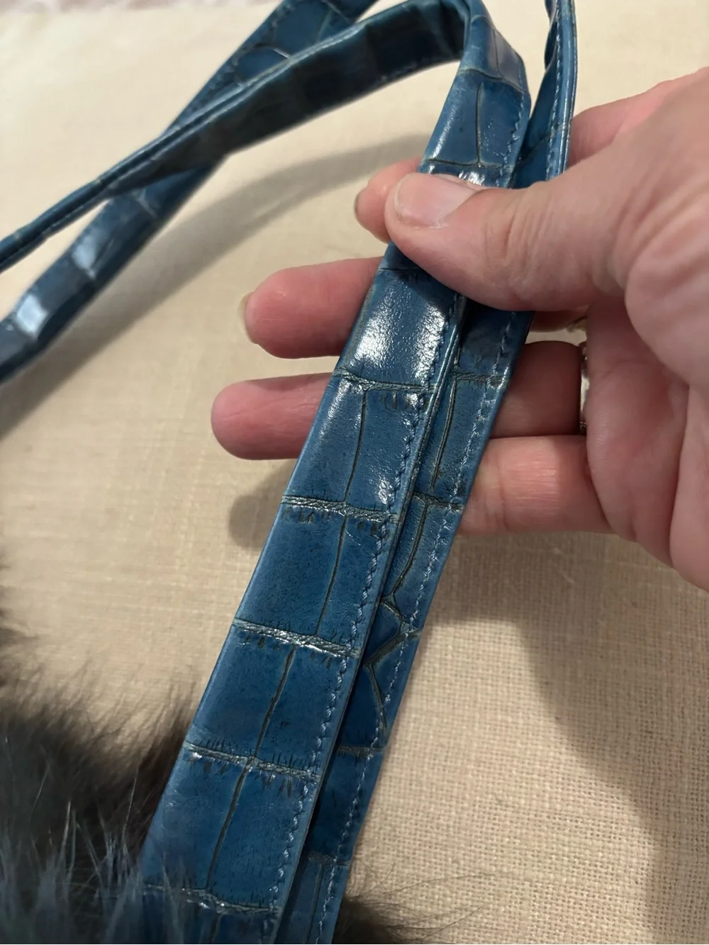 Paolo Masi Blue Faux Fur Pom Pom Handbag with Croc-Texture Straps
